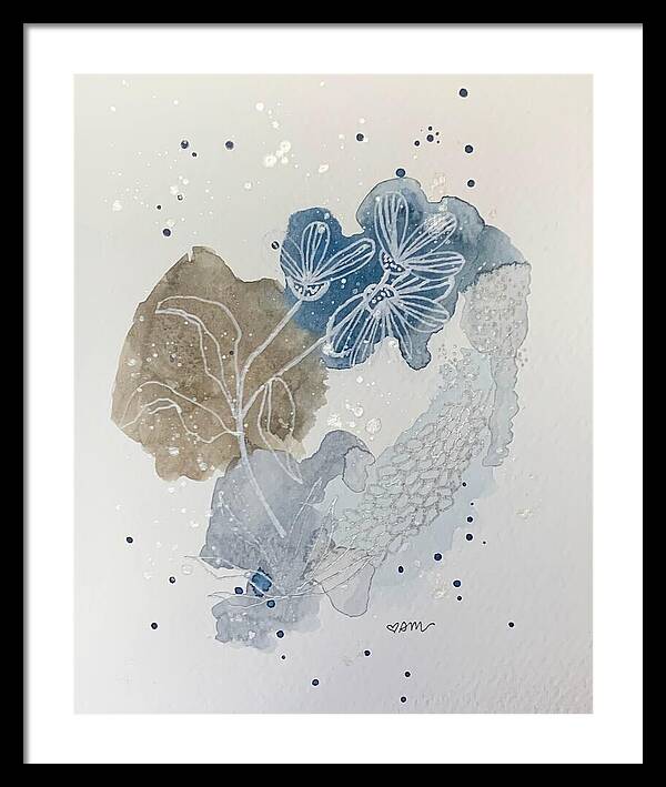 Abstract Blue Floral Watercolor Doodle - Framed Print