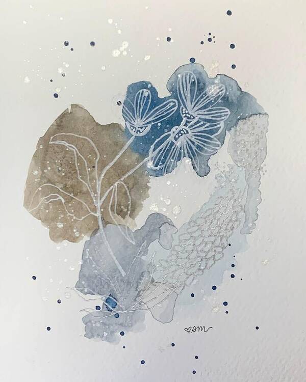 Abstract Blue Floral Watercolor Doodle - Art Print