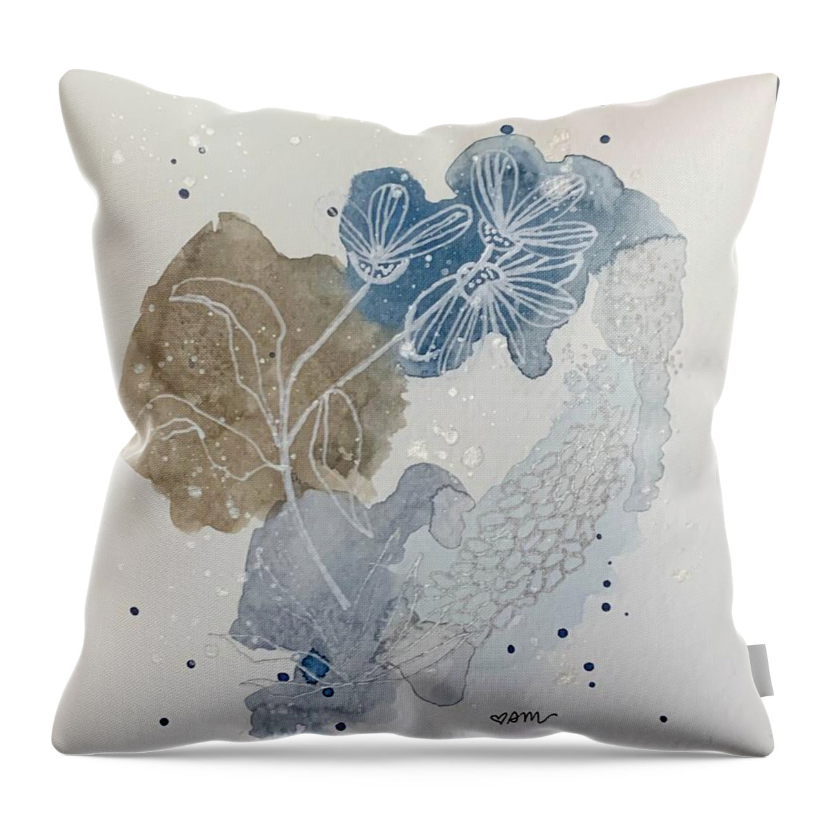 Abstract Blue Floral Watercolor Doodle - Throw Pillow