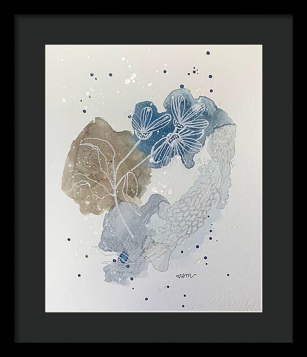 Abstract Blue Floral Watercolor Doodle - Framed Print
