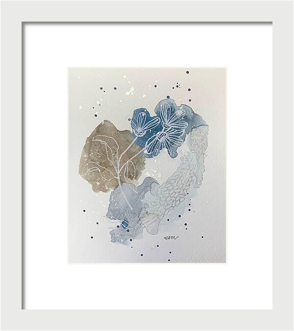 Abstract Blue Floral Watercolor Doodle - Framed Print
