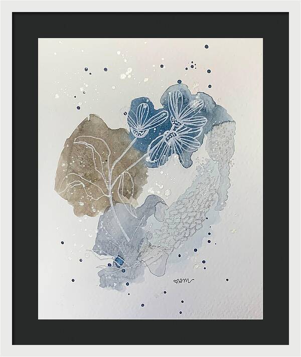 Abstract Blue Floral Watercolor Doodle - Framed Print