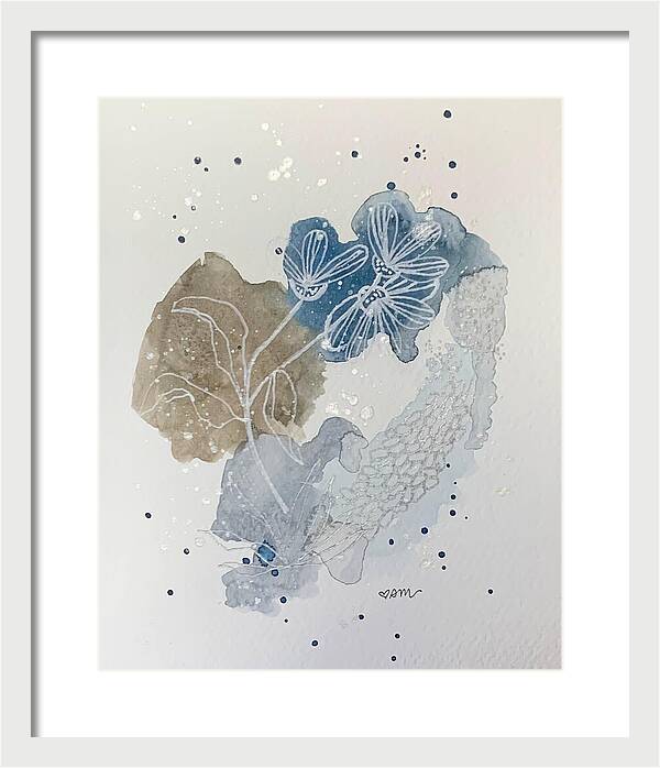 Abstract Blue Floral Watercolor Doodle - Framed Print