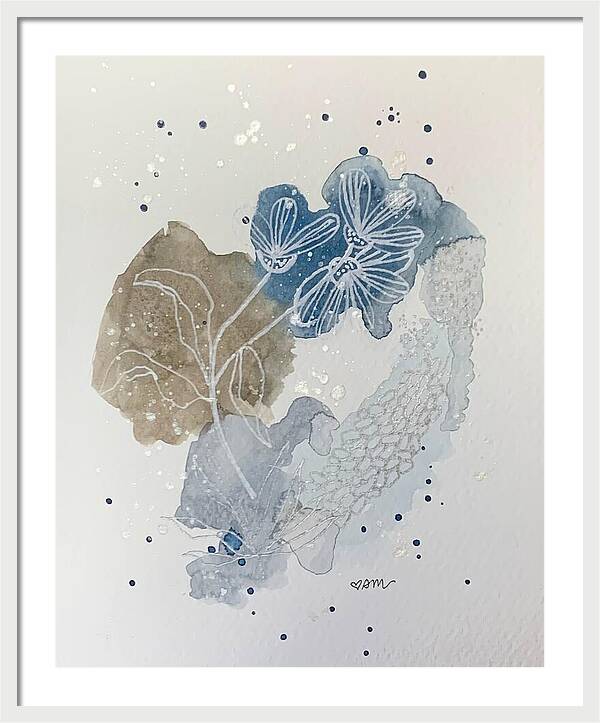 Abstract Blue Floral Watercolor Doodle - Framed Print