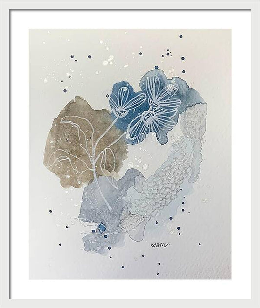 Abstract Blue Floral Watercolor Doodle - Framed Print