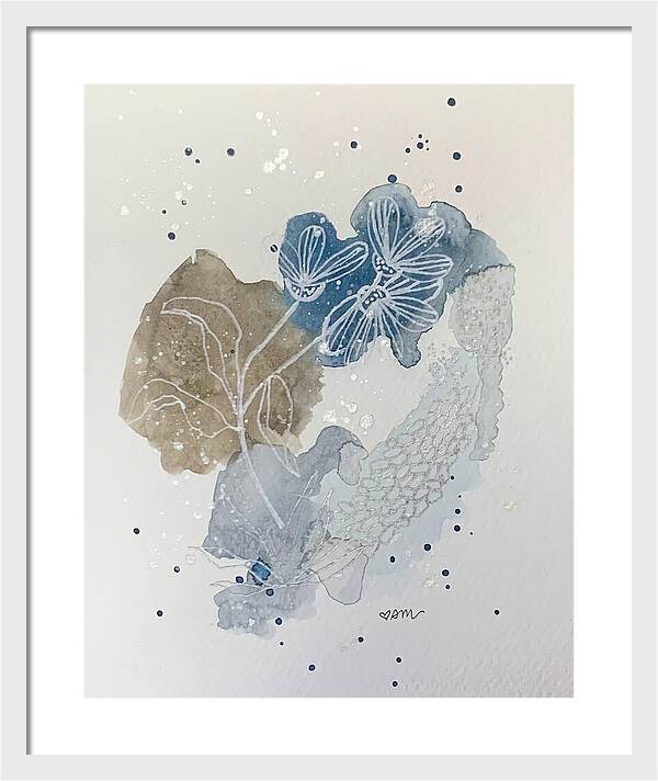 Abstract Blue Floral Watercolor Doodle - Framed Print