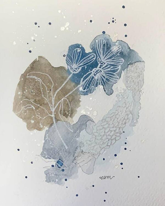 Abstract Blue Floral Watercolor Doodle - Art Print