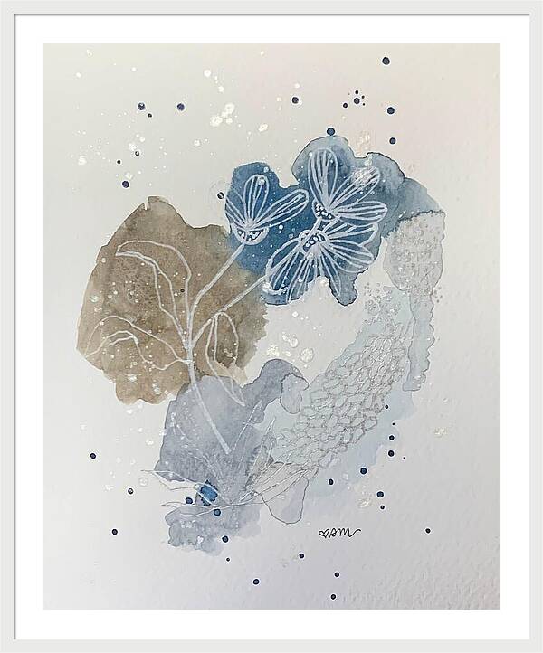 Abstract Blue Floral Watercolor Doodle - Framed Print