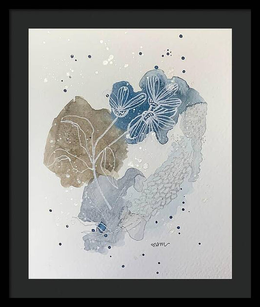 Abstract Blue Floral Watercolor Doodle - Framed Print