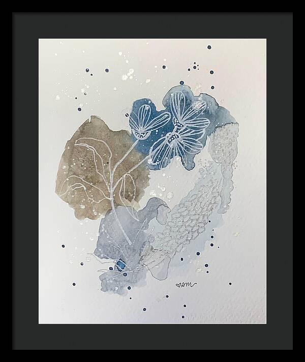 Abstract Blue Floral Watercolor Doodle - Framed Print