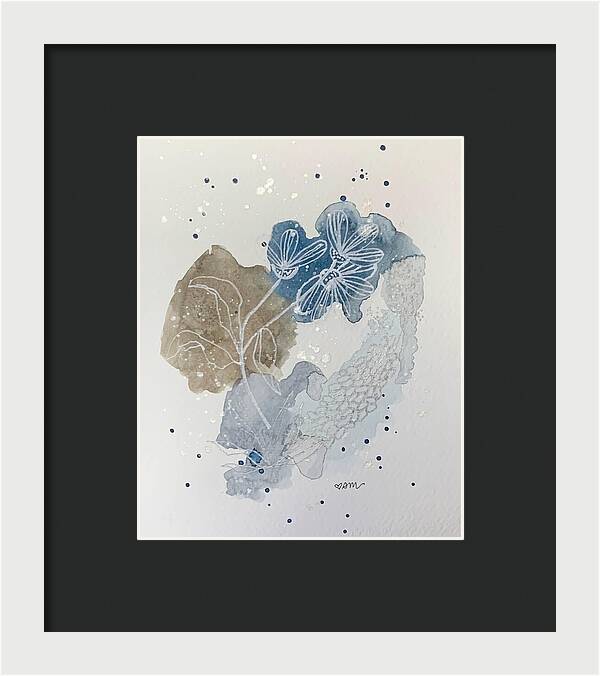 Abstract Blue Floral Watercolor Doodle - Framed Print