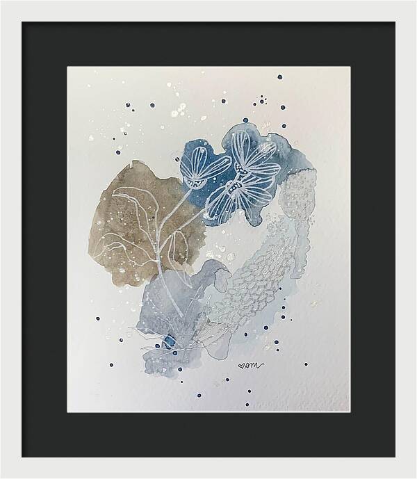 Abstract Blue Floral Watercolor Doodle - Framed Print