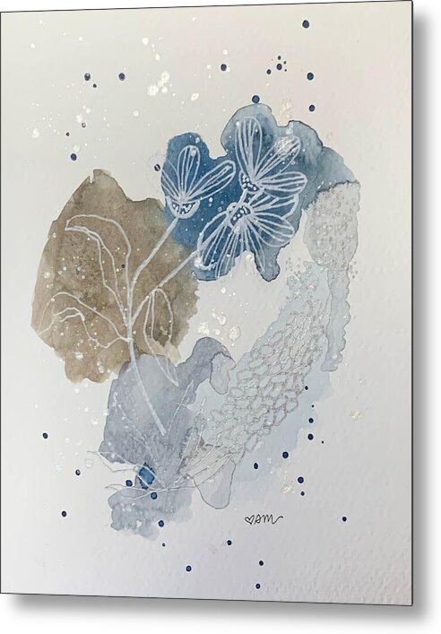 Abstract Blue Floral Watercolor Doodle - Metal Print