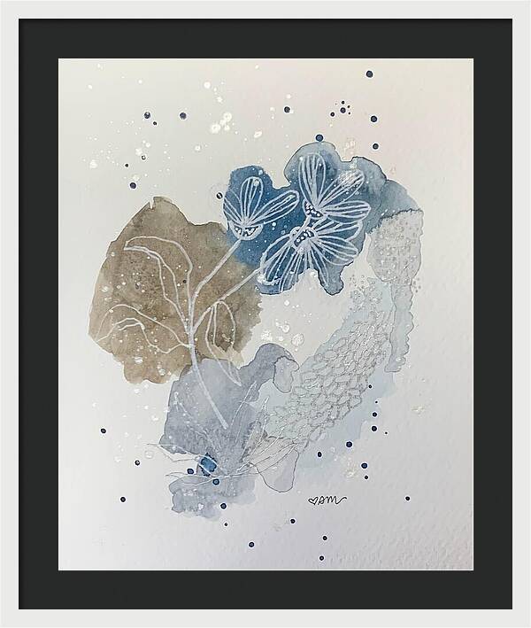 Abstract Blue Floral Watercolor Doodle - Framed Print