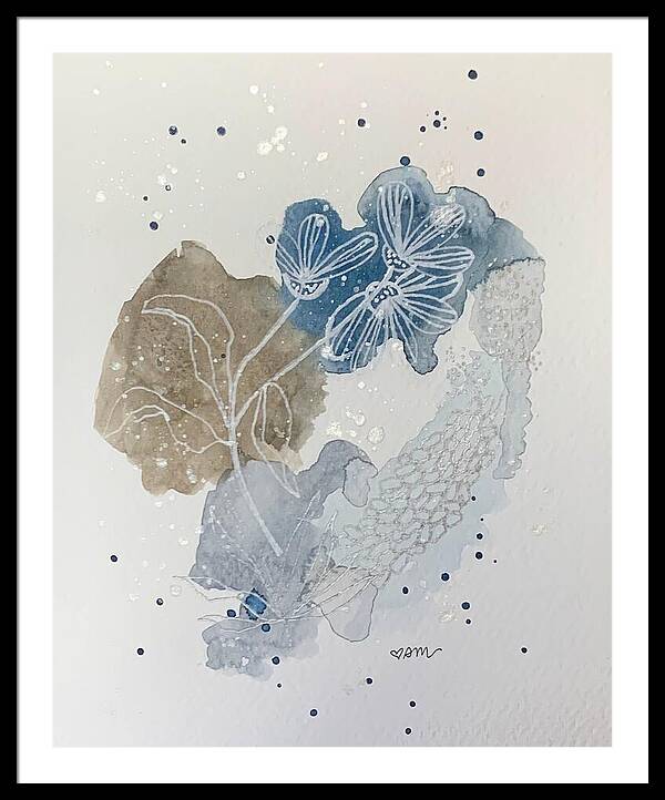 Abstract Blue Floral Watercolor Doodle - Framed Print