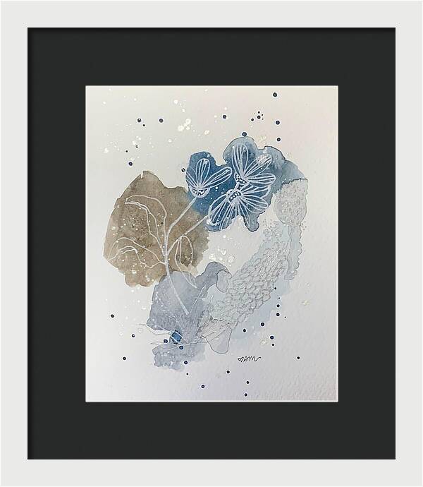 Abstract Blue Floral Watercolor Doodle - Framed Print