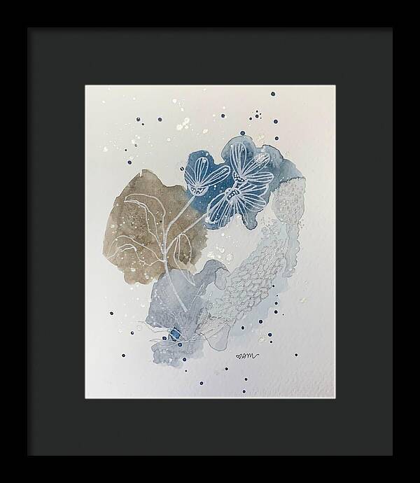 Abstract Blue Floral Watercolor Doodle - Framed Print