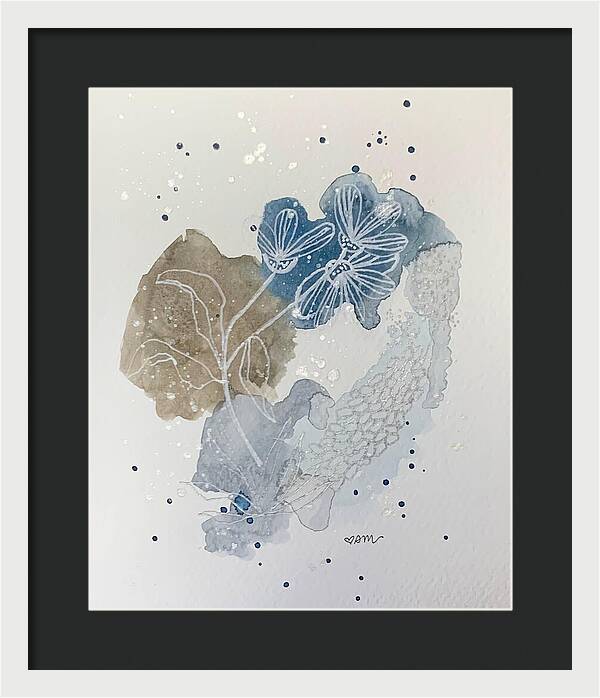 Abstract Blue Floral Watercolor Doodle - Framed Print