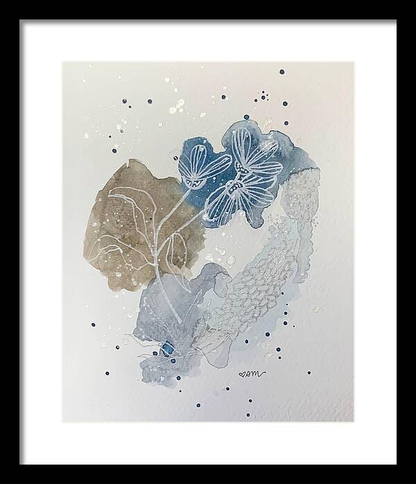 Abstract Blue Floral Watercolor Doodle - Framed Print