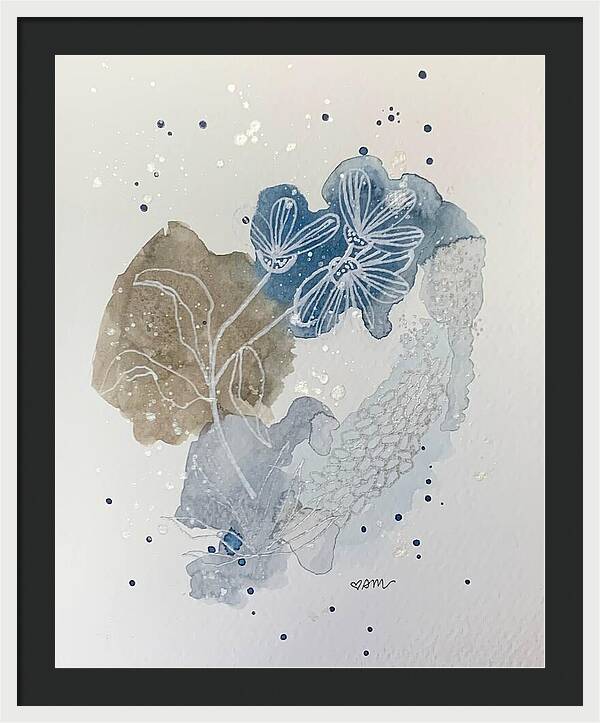Abstract Blue Floral Watercolor Doodle - Framed Print