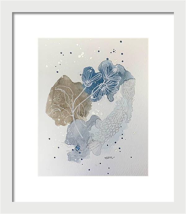 Abstract Blue Floral Watercolor Doodle - Framed Print